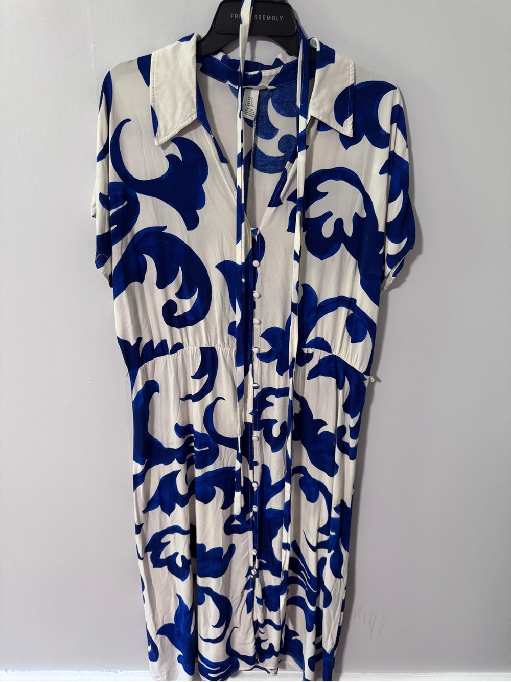 H&M White Midi Dress with Bold Blue Swirl Print